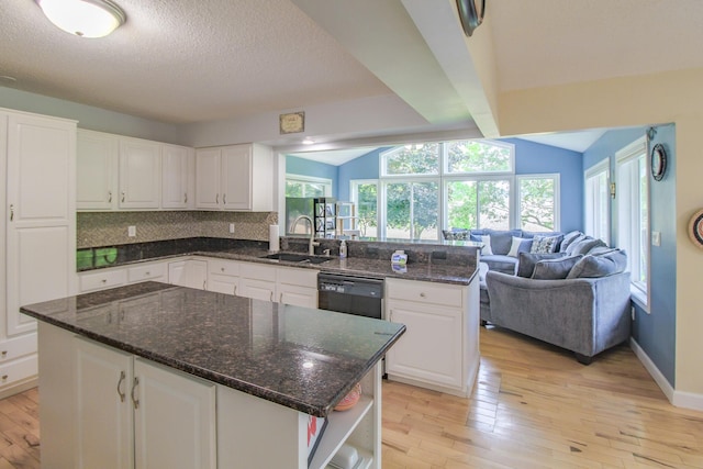 7640 W H Ave, Kalamazoo, MI 49009 - kitchen with dishwasher, light wood-style flooring, open floor plan, open shelves, and vaulted ceiling