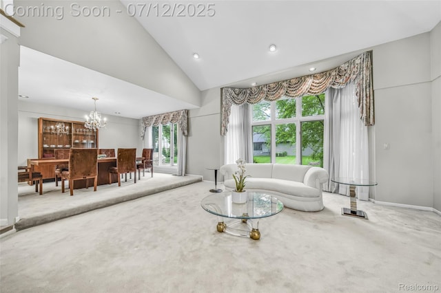 4532 Franklin Mill Rd, Southfield, MI 48301 - living area featuring carpet floors, a chandelier, vaulted ceiling, and recessed lighting