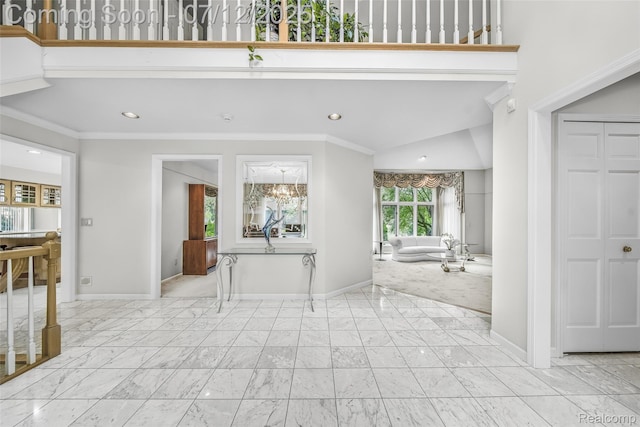 4532 Franklin Mill Rd, Southfield, MI 48301 - foyer with ornamental molding, recessed lighting, marble look tile flooring, and a chandelier