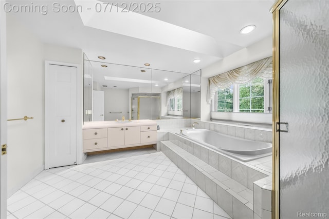 4532 Franklin Mill Rd, Southfield, MI 48301 - bathroom featuring vanity, a garden tub, tile patterned flooring, and recessed lighting