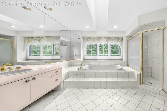 4532 Franklin Mill Rd, Southfield, MI 48301 - bathroom featuring vanity, tile patterned flooring, a bath, a shower stall, and recessed lighting