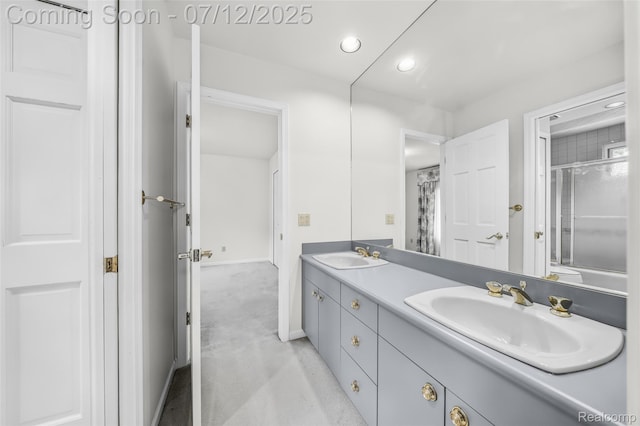 4532 Franklin Mill Rd, Southfield, MI 48301 - full bathroom with double vanity, recessed lighting, a shower, and concrete floors