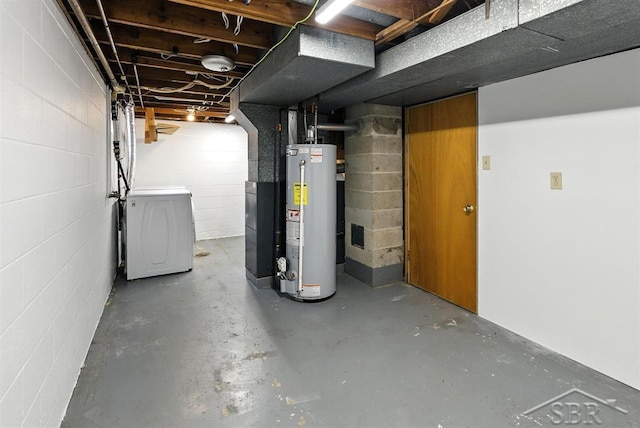 2295 Plainview Dr, Saginaw, MI 48603 - unfinished below grade area with water heater, washer / clothes dryer, and concrete block wall