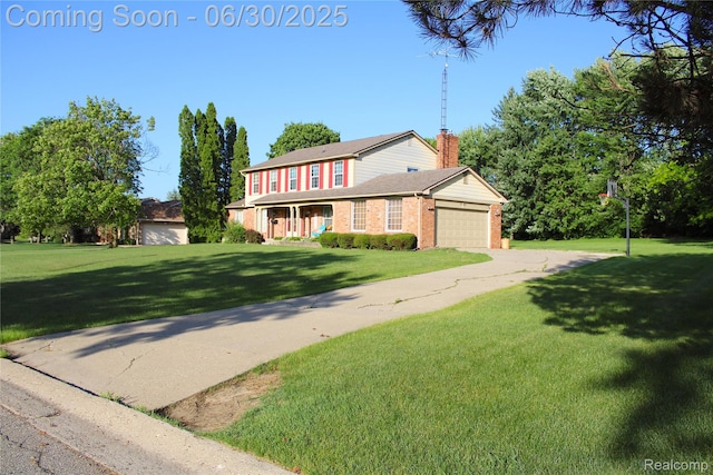 486 Charing Cross Dr, Grand Blanc, MI 48439 - view of front of home with brick siding, a front lawn, an attached garage, driveway, and a chimney