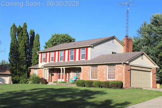 486 Charing Cross Dr, Grand Blanc, MI 48439 - view of front facade featuring brick siding, a garage, a porch, a front yard, and a chimney