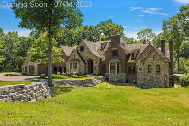7420 Inner Circle Dr, Bloomfield Hills, MI 48301 - tudor house featuring stone siding, a chimney, and a front yard