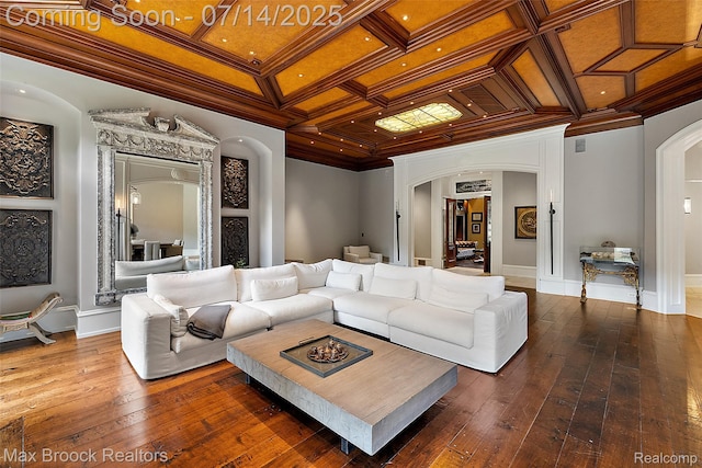7420 Inner Circle Dr, Bloomfield Hills, MI 48301 - living room featuring arched walkways, coffered ceiling, crown molding, and wood-type flooring