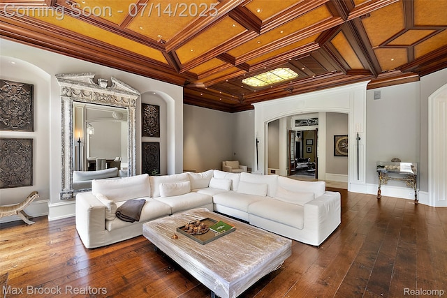 7420 Inner Circle Dr, Bloomfield Hills, MI 48301 - living area featuring coffered ceiling, arched walkways, crown molding, hardwood / wood-style flooring, and beamed ceiling