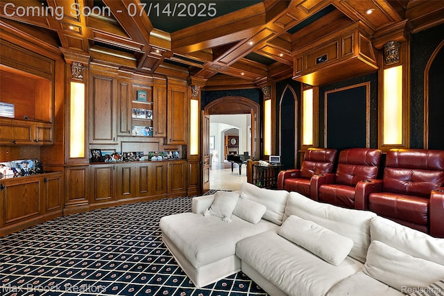 7420 Inner Circle Dr, Bloomfield Hills, MI 48301 - cinema with arched walkways, coffered ceiling, beamed ceiling, crown molding, and wooden walls