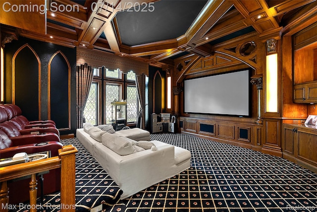 7420 Inner Circle Dr, Bloomfield Hills, MI 48301 - home theater room featuring coffered ceiling, beam ceiling, wooden walls, and carpet flooring