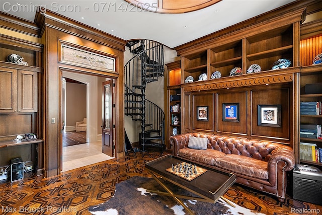 7420 Inner Circle Dr, Bloomfield Hills, MI 48301 - tiled living area with stairs, crown molding, and arched walkways