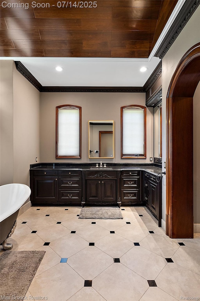 7420 Inner Circle Dr, Bloomfield Hills, MI 48301 - bathroom with ornamental molding, vanity, tile patterned flooring, recessed lighting, and wooden ceiling