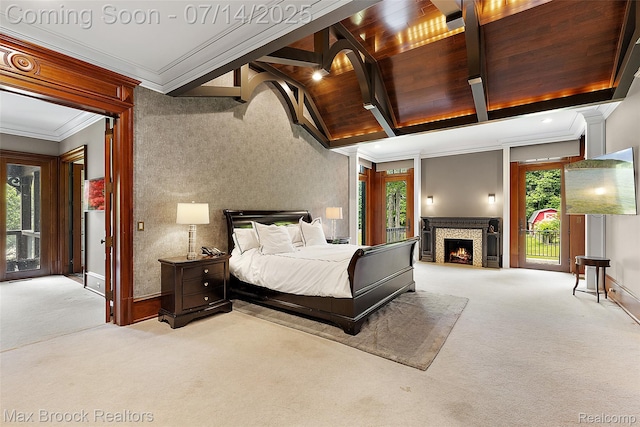 7420 Inner Circle Dr, Bloomfield Hills, MI 48301 - carpeted bedroom with access to exterior, crown molding, a warm lit fireplace, and beam ceiling
