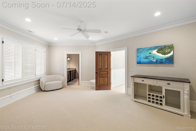 7420 Inner Circle Dr, Bloomfield Hills, MI 48301 - carpeted bedroom with recessed lighting, ornamental molding, ensuite bath, and ceiling fan
