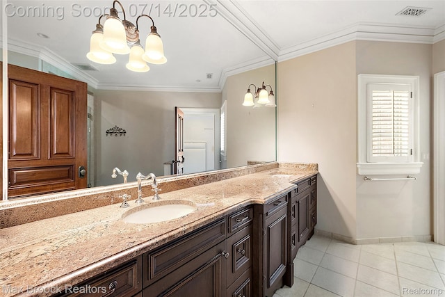 7420 Inner Circle Dr, Bloomfield Hills, MI 48301 - bathroom with a chandelier, vanity, tile patterned flooring, and crown molding