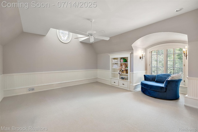 7420 Inner Circle Dr, Bloomfield Hills, MI 48301 - unfurnished room with vaulted ceiling, carpet floors, ceiling fan, wainscoting, and built in features