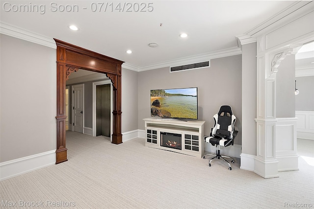7420 Inner Circle Dr, Bloomfield Hills, MI 48301 - living area with carpet floors, ornamental molding, recessed lighting, and decorative columns