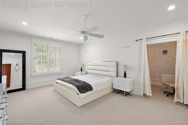 7420 Inner Circle Dr, Bloomfield Hills, MI 48301 - bedroom featuring light carpet, recessed lighting, crown molding, and a ceiling fan