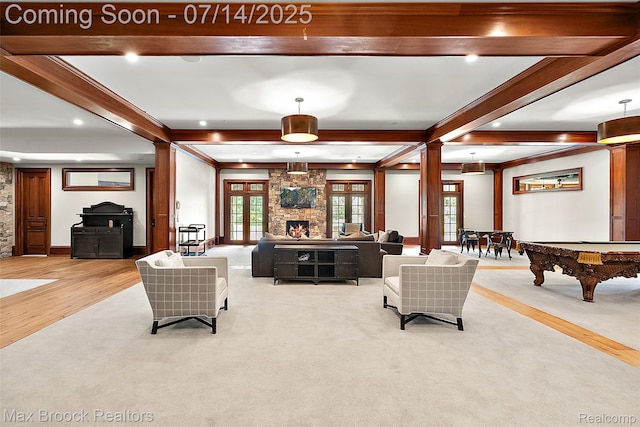 7420 Inner Circle Dr, Bloomfield Hills, MI 48301 - living area with beamed ceiling, light wood-style floors, recessed lighting, light carpet, and pool table