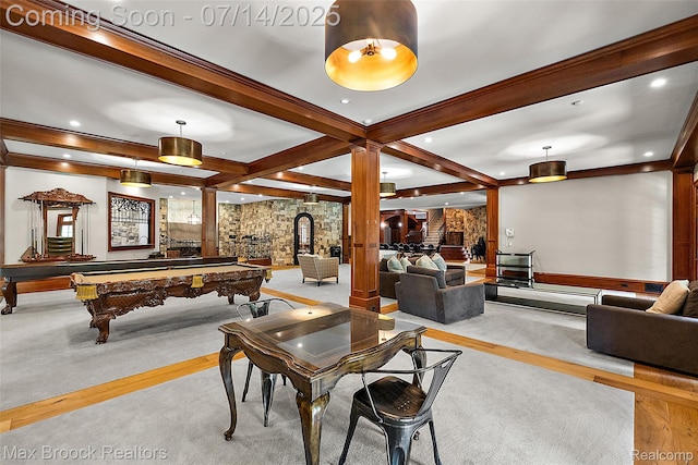 7420 Inner Circle Dr, Bloomfield Hills, MI 48301 - game room featuring decorative columns, pool table, beam ceiling, and wood finished floors