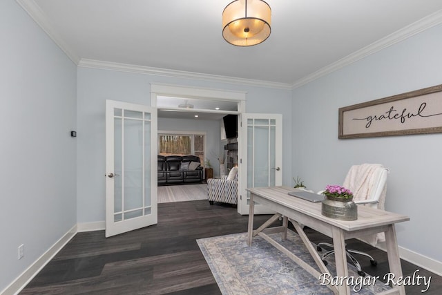 8790 Laurel Ridge Dr SE, Alto, MI 49302 - office featuring french doors, ornamental molding, and dark wood-style flooring