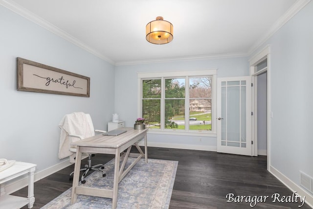 8790 Laurel Ridge Dr SE, Alto, MI 49302 - office with ornamental molding and dark wood-style flooring