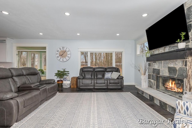 8790 Laurel Ridge Dr SE, Alto, MI 49302 - living area with a stone fireplace, recessed lighting, and wood finished floors