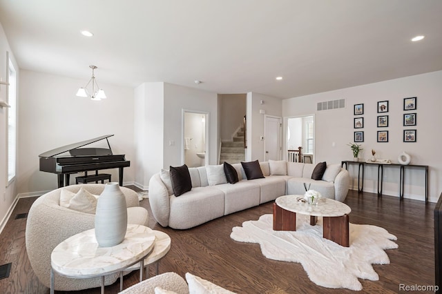 2855 Hardwick Rd, Ann Arbor, MI 48105 - living room featuring stairway, dark wood-type flooring, and recessed lighting