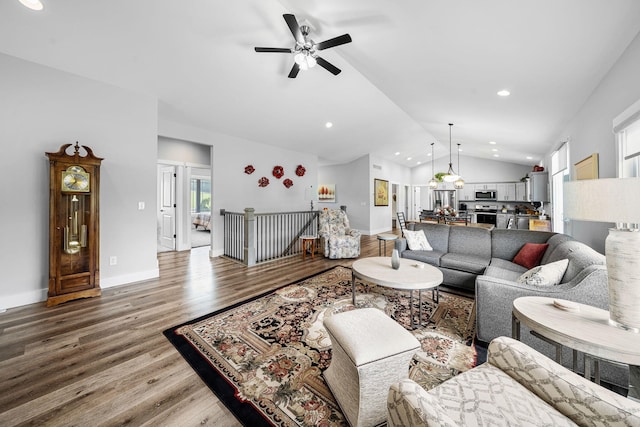 14170 Spring Valley Ct, Niles, MI 49120 - living area featuring vaulted ceiling, wood finished floors, ceiling fan, and recessed lighting