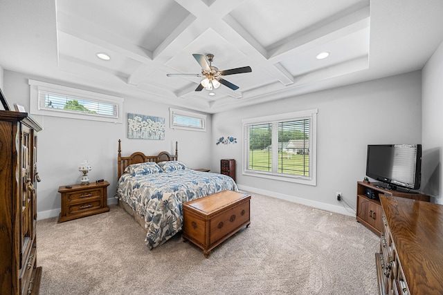 14170 Spring Valley Ct, Niles, MI 49120 - bedroom with multiple windows, light colored carpet, coffered ceiling, recessed lighting, and beamed ceiling
