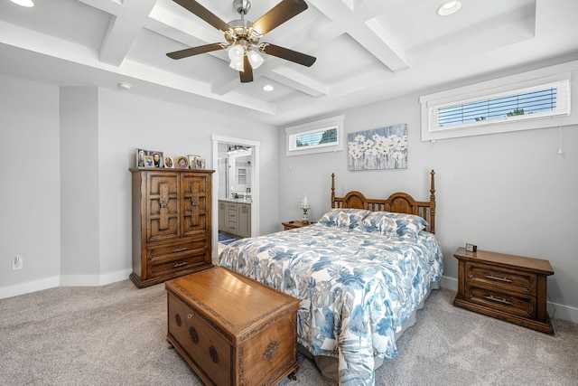 14170 Spring Valley Ct, Niles, MI 49120 - bedroom featuring coffered ceiling, light carpet, recessed lighting, beamed ceiling, and ceiling fan