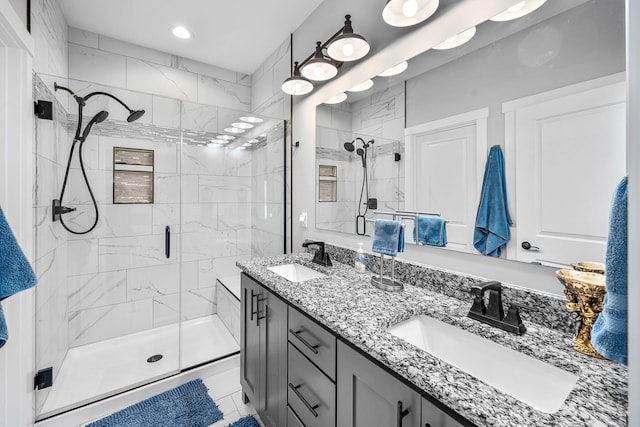 14170 Spring Valley Ct, Niles, MI 49120 - bathroom with a stall shower, double vanity, and recessed lighting