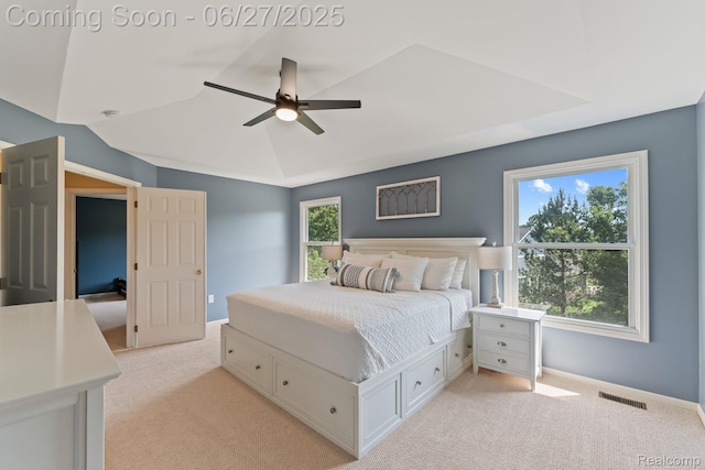 6060 Balmoral Way, Commerce Twp, MI 48382 - bedroom featuring light carpet, ceiling fan, and vaulted ceiling