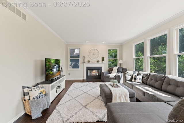 6060 Balmoral Way, Commerce Twp, MI 48382 - living area featuring dark wood finished floors, crown molding, and a fireplace with flush hearth