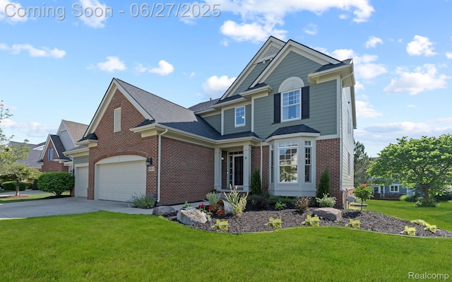 6060 Balmoral Way, Commerce Twp, MI 48382 - view of front facade with brick siding, driveway, a front yard, and a garage