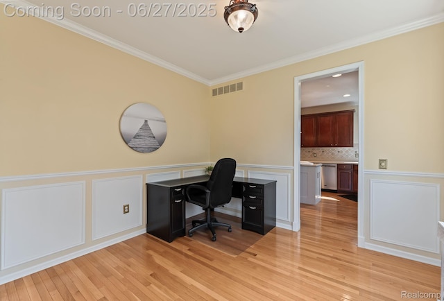 6060 Balmoral Way, Commerce Twp, MI 48382 - office space featuring crown molding, light wood-style flooring, a decorative wall, and wainscoting