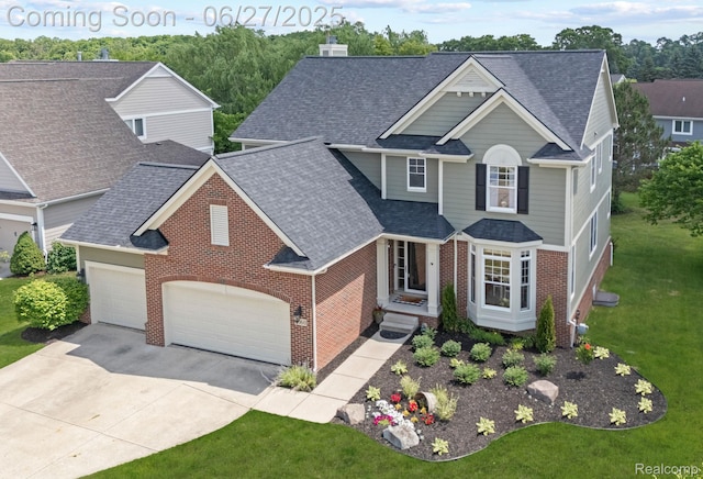 6060 Balmoral Way, Commerce Twp, MI 48382 - traditional-style house with brick siding, an attached garage, a shingled roof, driveway, and a front yard