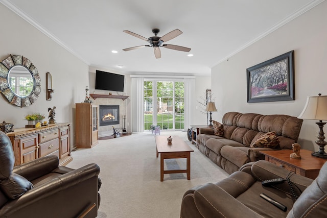 6733 Boulder Pointe Dr, Washington, MI 48094 - living room with light colored carpet, ceiling fan, ornamental molding, a glass covered fireplace, and recessed lighting