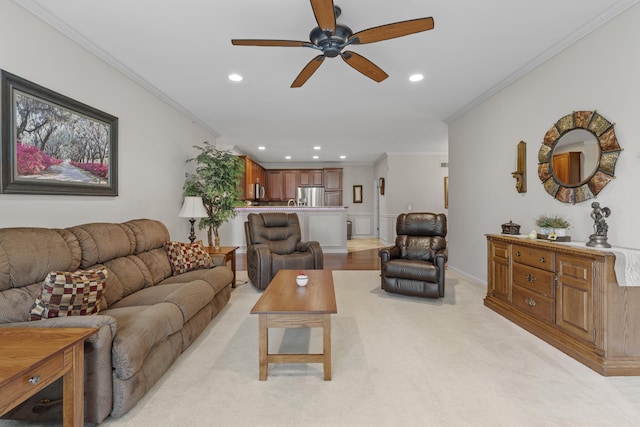 6733 Boulder Pointe Dr, Washington, MI 48094 - living area with crown molding, ceiling fan, recessed lighting, and light colored carpet