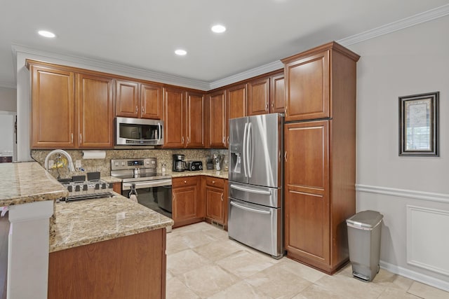 6733 Boulder Pointe Dr, Washington, MI 48094 - kitchen featuring stainless steel appliances, ornamental molding, a peninsula, decorative backsplash, and light stone countertops