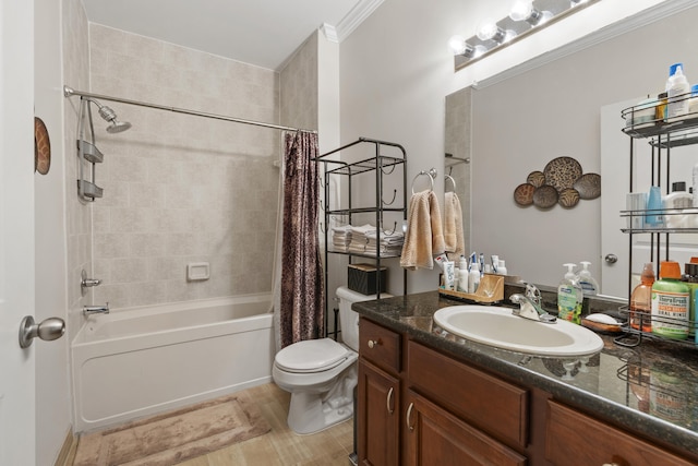 6733 Boulder Pointe Dr, Washington, MI 48094 - full bathroom featuring vanity, shower / bath combo with shower curtain, wood finished floors, and crown molding