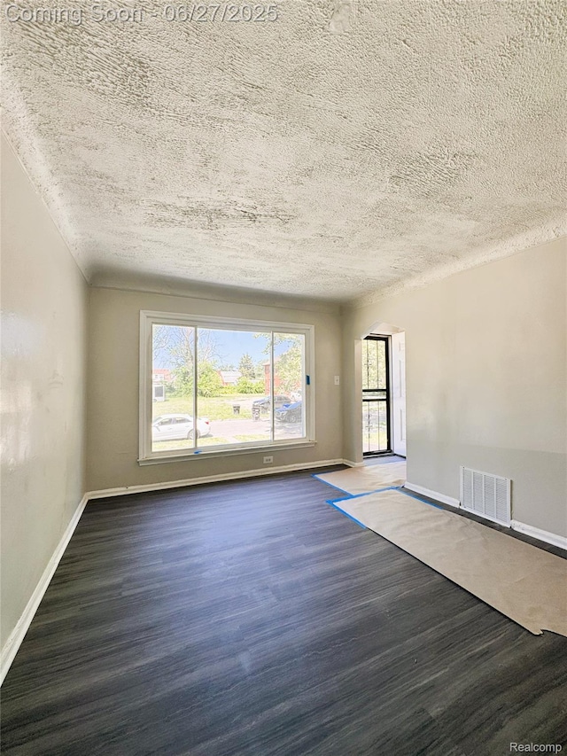9646 Ward St, Dearborn, MI 48227 - spare room featuring dark wood-style floors, a textured ceiling, healthy amount of natural light, and arched walkways