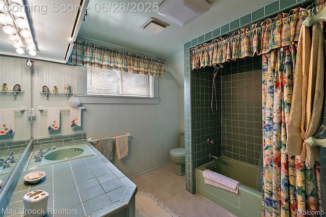 4848 Willow Ln, Orchard Lake, MI 48324 - full bathroom with shower / bathtub combination with curtain, vanity, and tile patterned floors