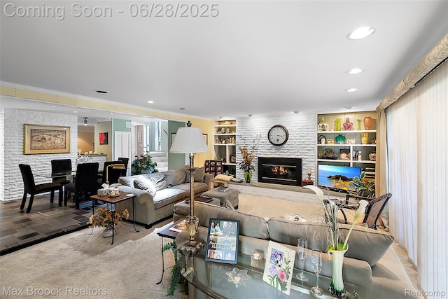 4848 Willow Ln, Orchard Lake, MI 48324 - living room featuring a brick fireplace, built in shelves, recessed lighting, and carpet