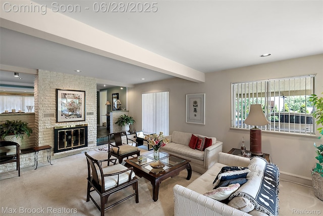 4848 Willow Ln, Orchard Lake, MI 48324 - living area with carpet, a brick fireplace, and recessed lighting