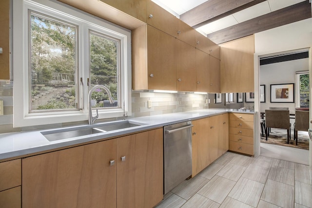 1917 Benjamin Ave, Kalamazoo, MI 49008 - kitchen featuring dishwasher, healthy amount of natural light, backsplash, beamed ceiling, and light countertops