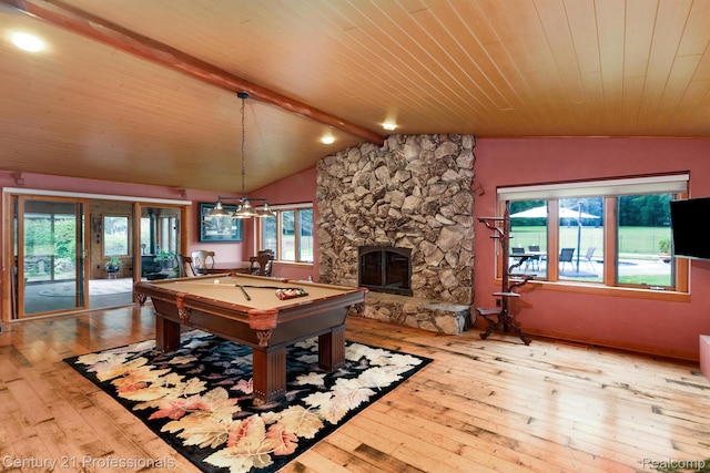 9601 Kier Rd, Holly, MI 48442 - rec room with pool table, hardwood / wood-style flooring, a stone fireplace, and wooden ceiling