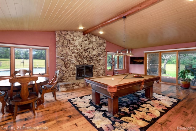 9601 Kier Rd, Holly, MI 48442 - playroom with hardwood / wood-style flooring, billiards, a stone fireplace, and wooden ceiling