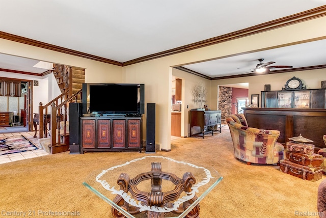 9601 Kier Rd, Holly, MI 48442 - carpeted living area featuring stairway, a ceiling fan, and crown molding