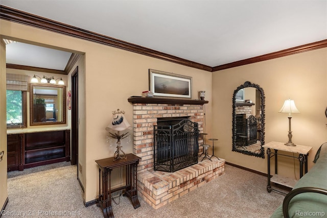 9601 Kier Rd, Holly, MI 48442 - living room featuring a fireplace, carpet, and ornamental molding